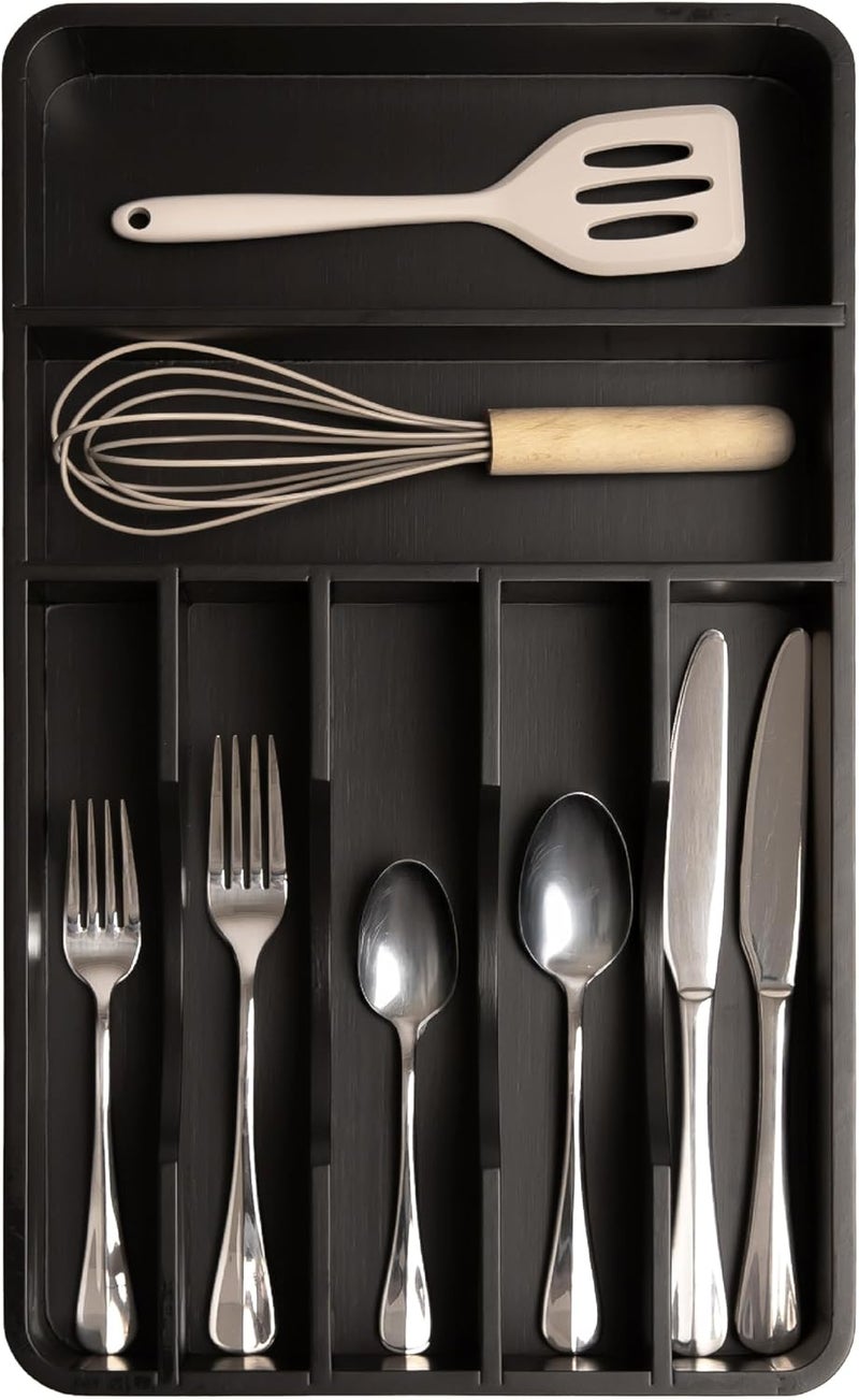 KitchenEdge Silverware Organizer - Cutlery, Flatware, and Utensil Holder for Kitchen Drawers, Fixed 10.5” Width, 7 Storage Compartments, Non-Slip Feet, Rounded Corners, 100% Bamboo, Black Finish - Image 1